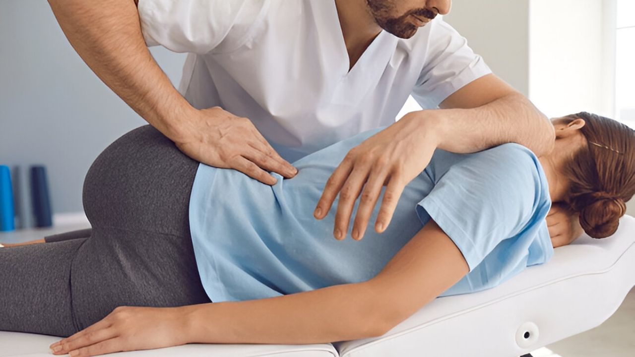 A physical therapist performs manual therapy on a patient's back, focusing on Neck Pain Relief at Ridgefield Chiropractic & Wellness Center.