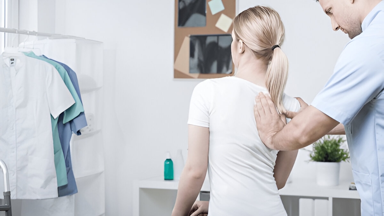 A doctor consults a woman holding her back, discussing Sciatica Treatment at Ridgefield Chiropractic & Wellness Center.